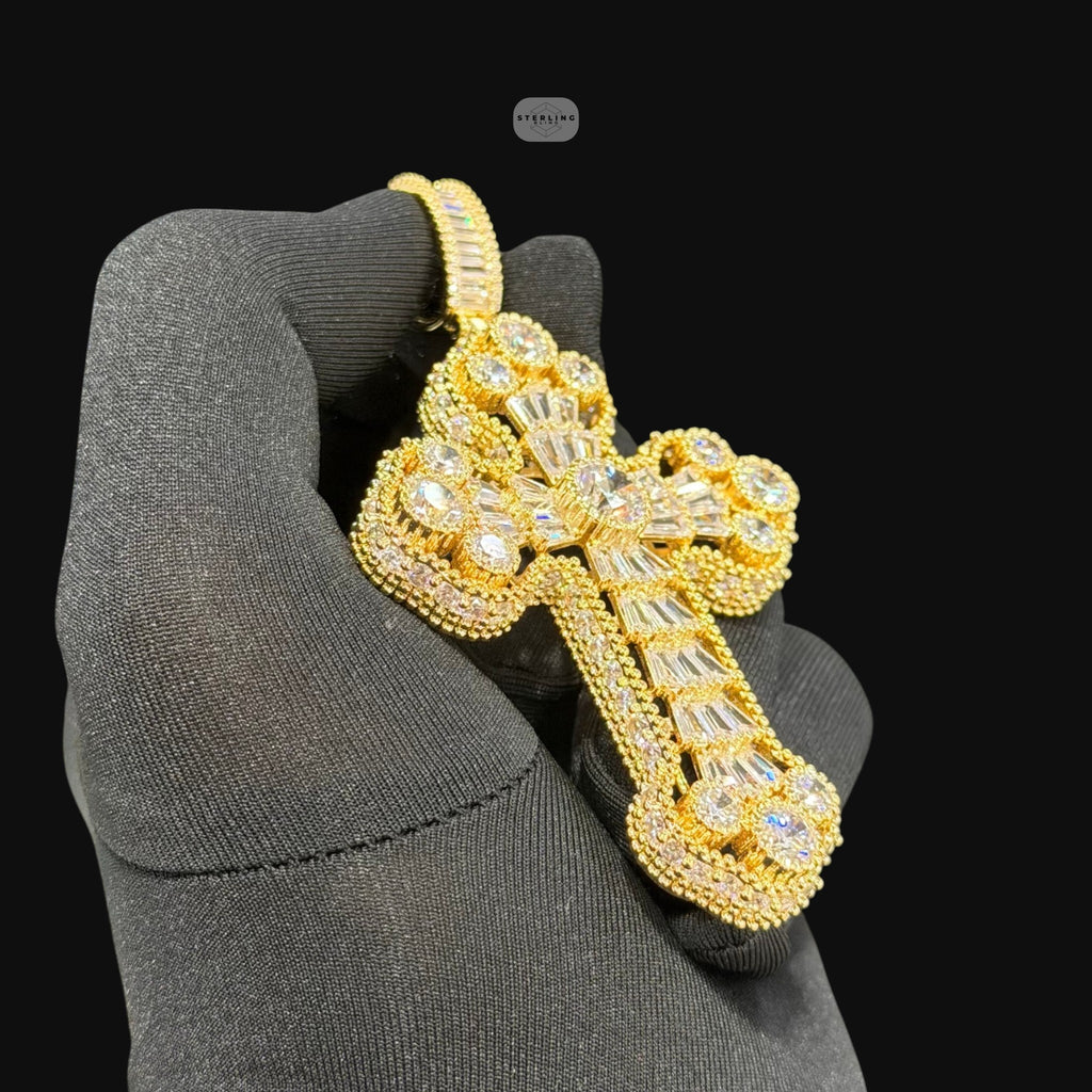 Large Baguette Cross Pendant | 14K Gold Plated Iced Out CZ Hip Hop Necklace with Free Rope Chain