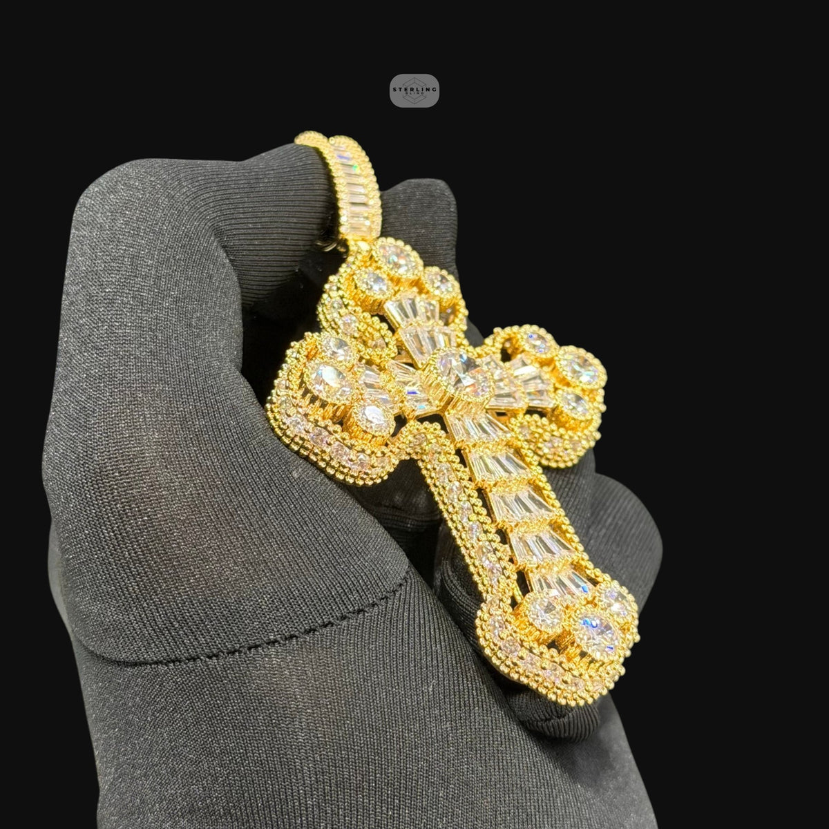 Large Baguette Cross Pendant | 14K Gold Plated Iced Out CZ Hip Hop Necklace with Free Rope Chain