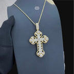 Large Baguette Cross Pendant | 14K Gold Plated Iced Out CZ Hip Hop Necklace with Free Rope Chain