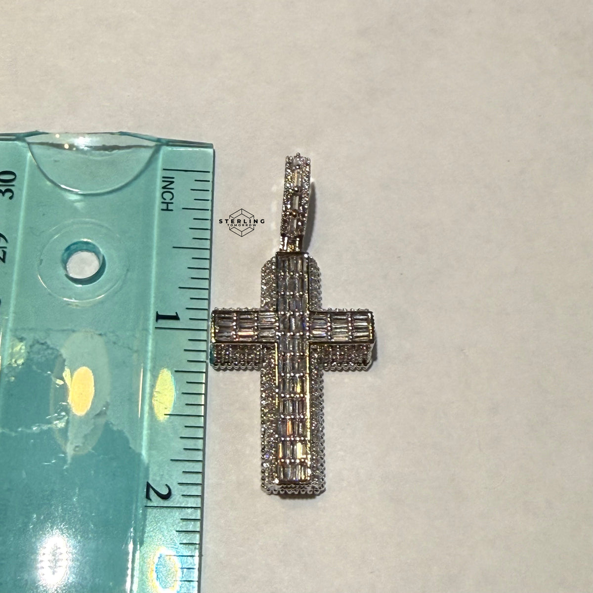 3D Cross 14k White Gold Plated Iced CZ Pendant + Steel Rope Chain