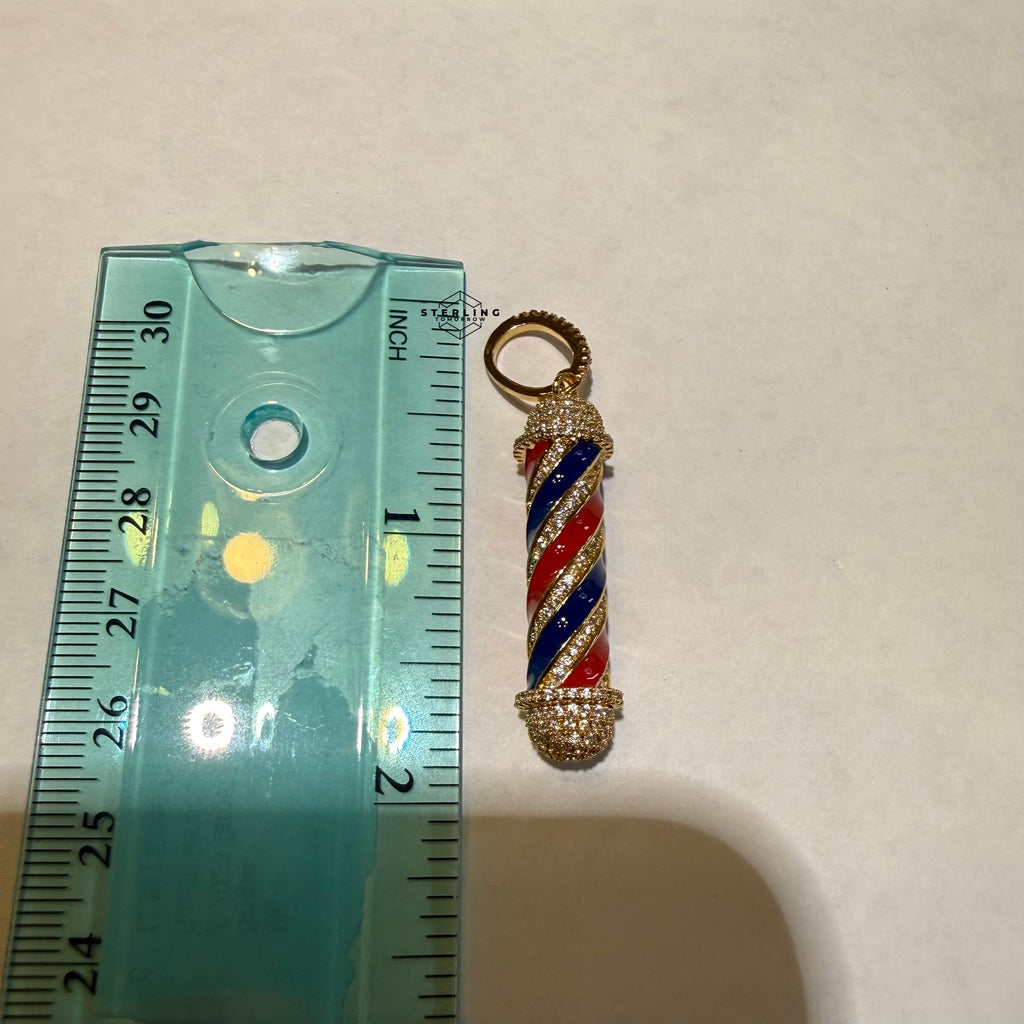 Barber Pole 14k Gold Plated Iced CZ Pendant + Steel Rope Chain
