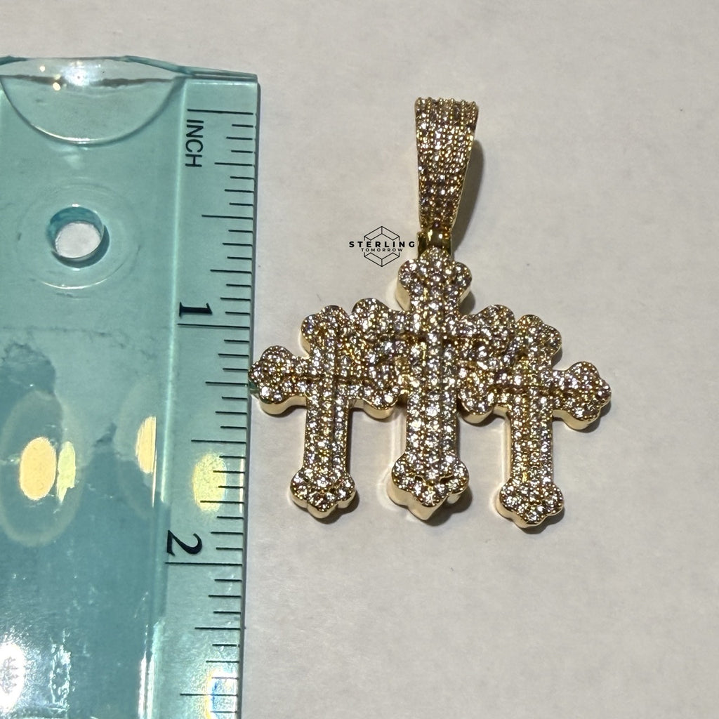 Triple Cross Gold Tone Iced Pendant + Steel Rope Chain