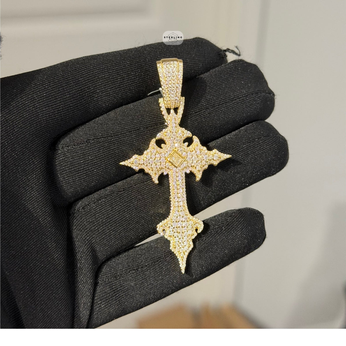 Moissanite Gold Gothic Cross Pendant, Iced Out 925 Silver Hip Hop Necklace, GRA Certified w 24" Chain