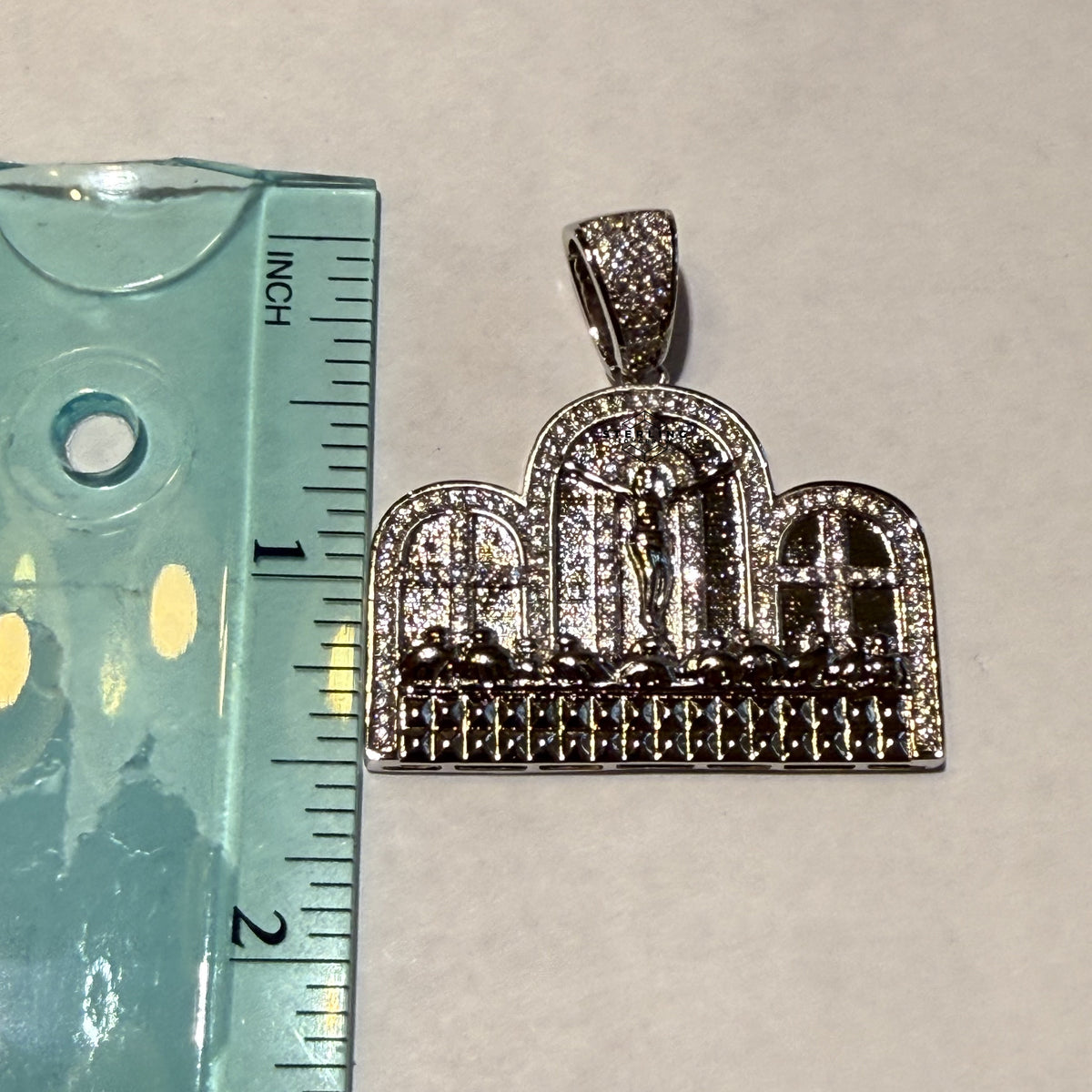 Last Supper 14k White Gold Plated Iced CZ Pendant + Free Steel Rope Chain