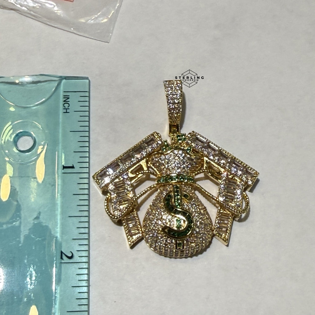 Moneybag Iced 14k Gold Plated Pendant + Steel Rope Chain