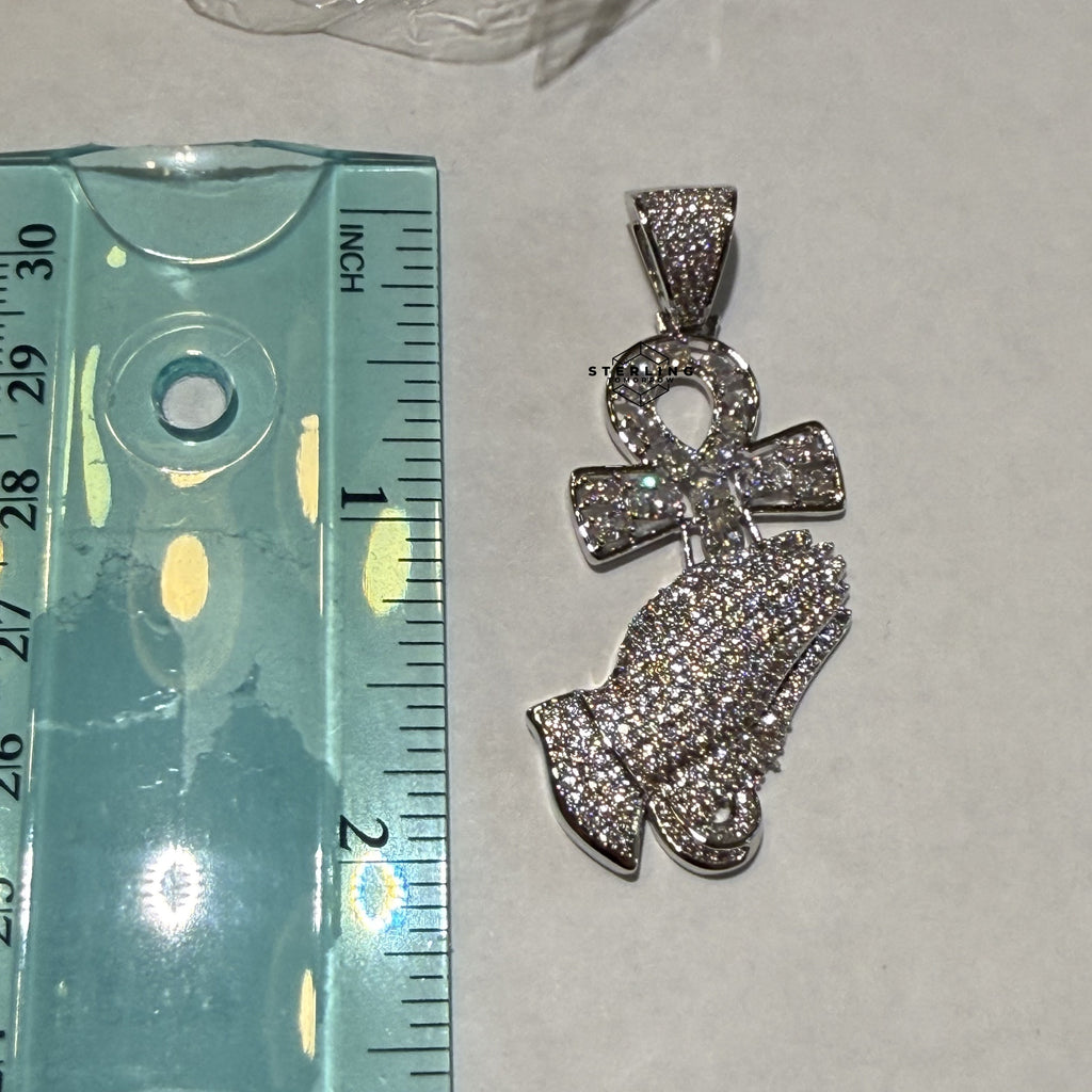 Iced Out Praying Hands Ankh Pendant, 14K White Gold Plated CZ Diamond Religious Hip Hop Necklace with Rope Chain