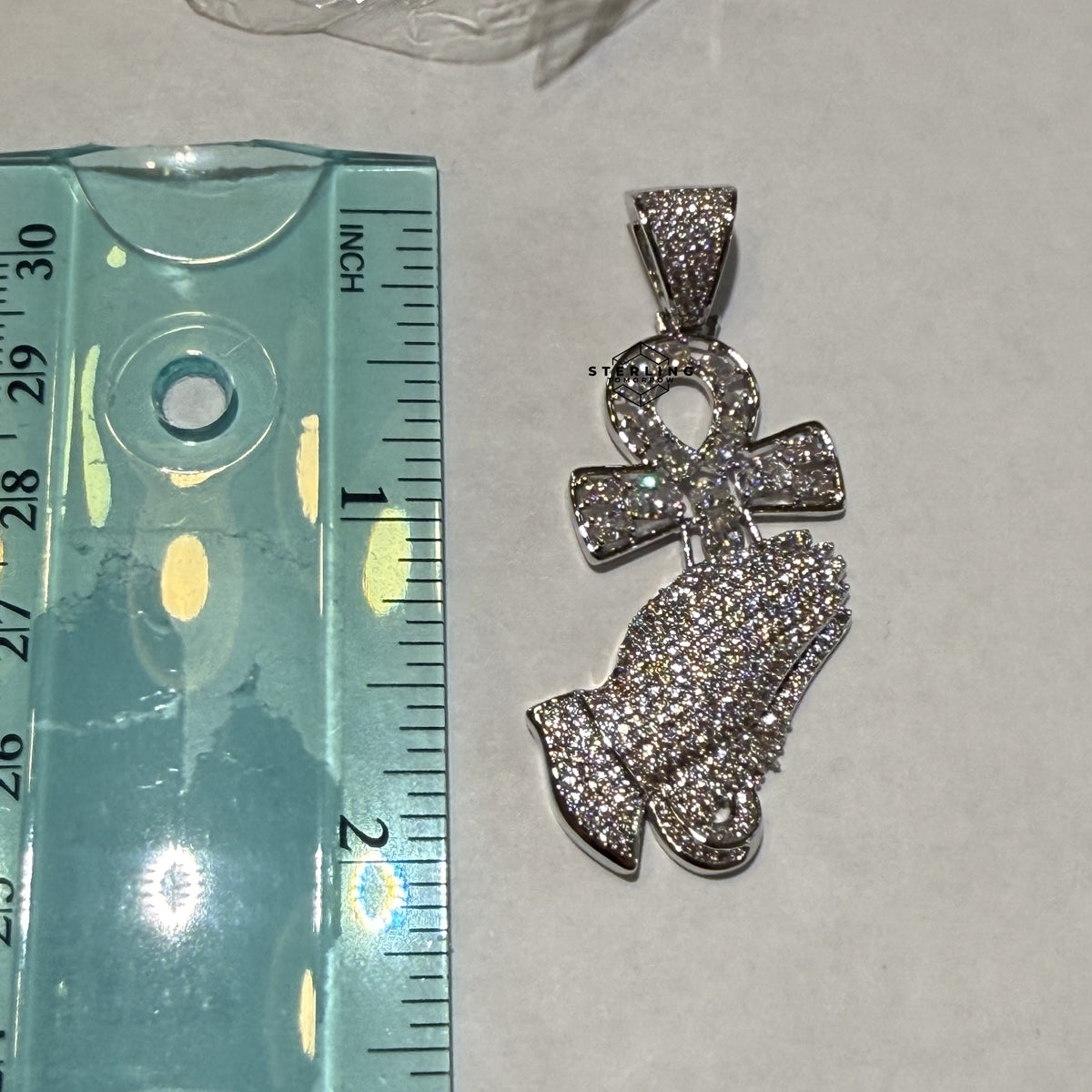 Iced Out Praying Hands Ankh Pendant, 14K White Gold Plated CZ Diamond Religious Hip Hop Necklace with Rope Chain