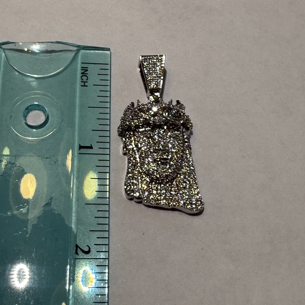 Small Jesus Head 14k White Gold Plated Iced CZ Pendant + Free Steel Rope Chain