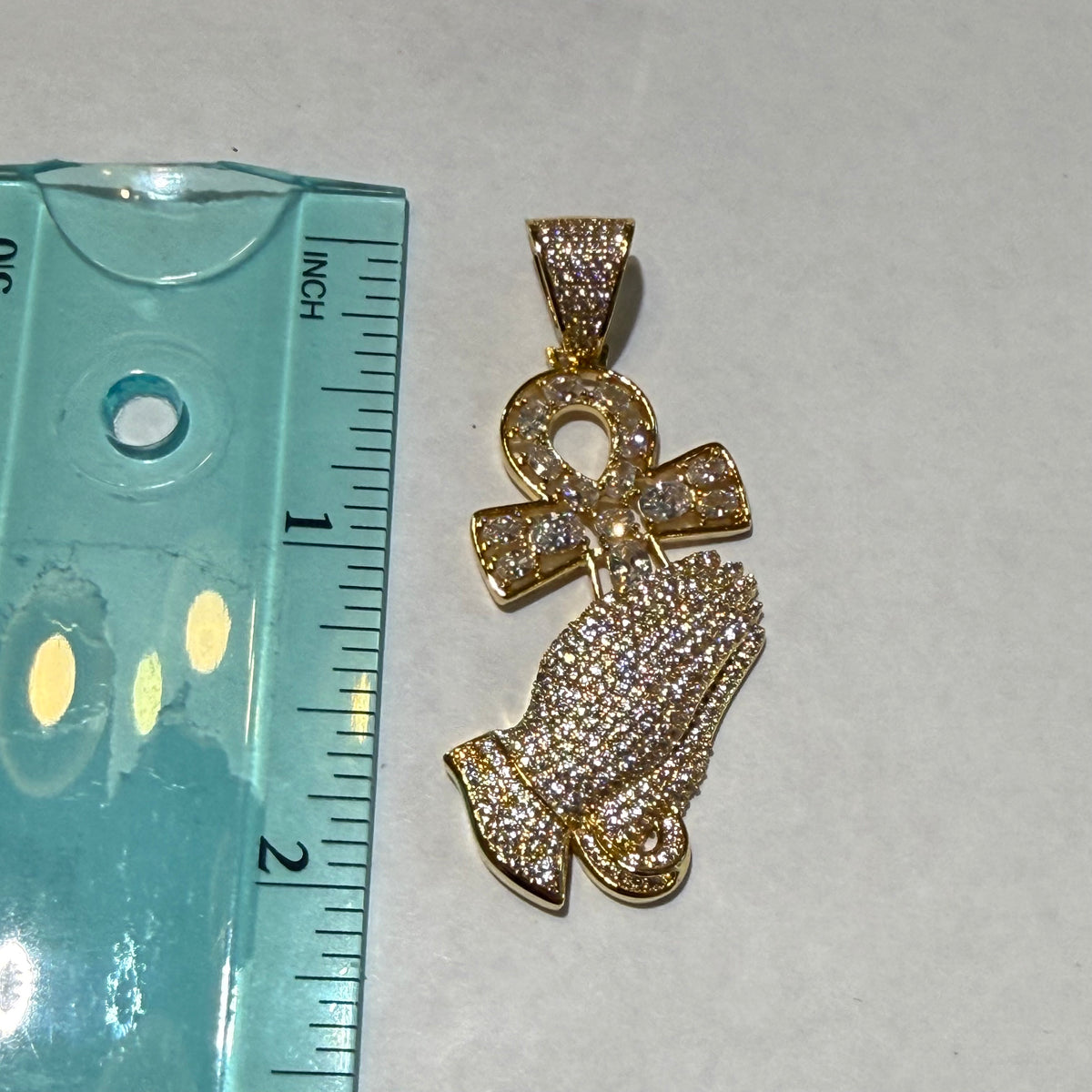 14K Gold Iced Out Praying Hands Ankh Pendant | CZ Diamond Hip Hop Religious Necklace with Free Chain