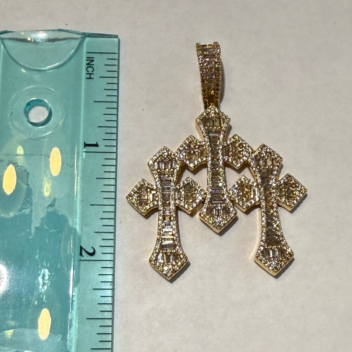 Triple Cross Baguette 14k Gold Plated Iced CZ Pendant + Free Steel Rope Chain