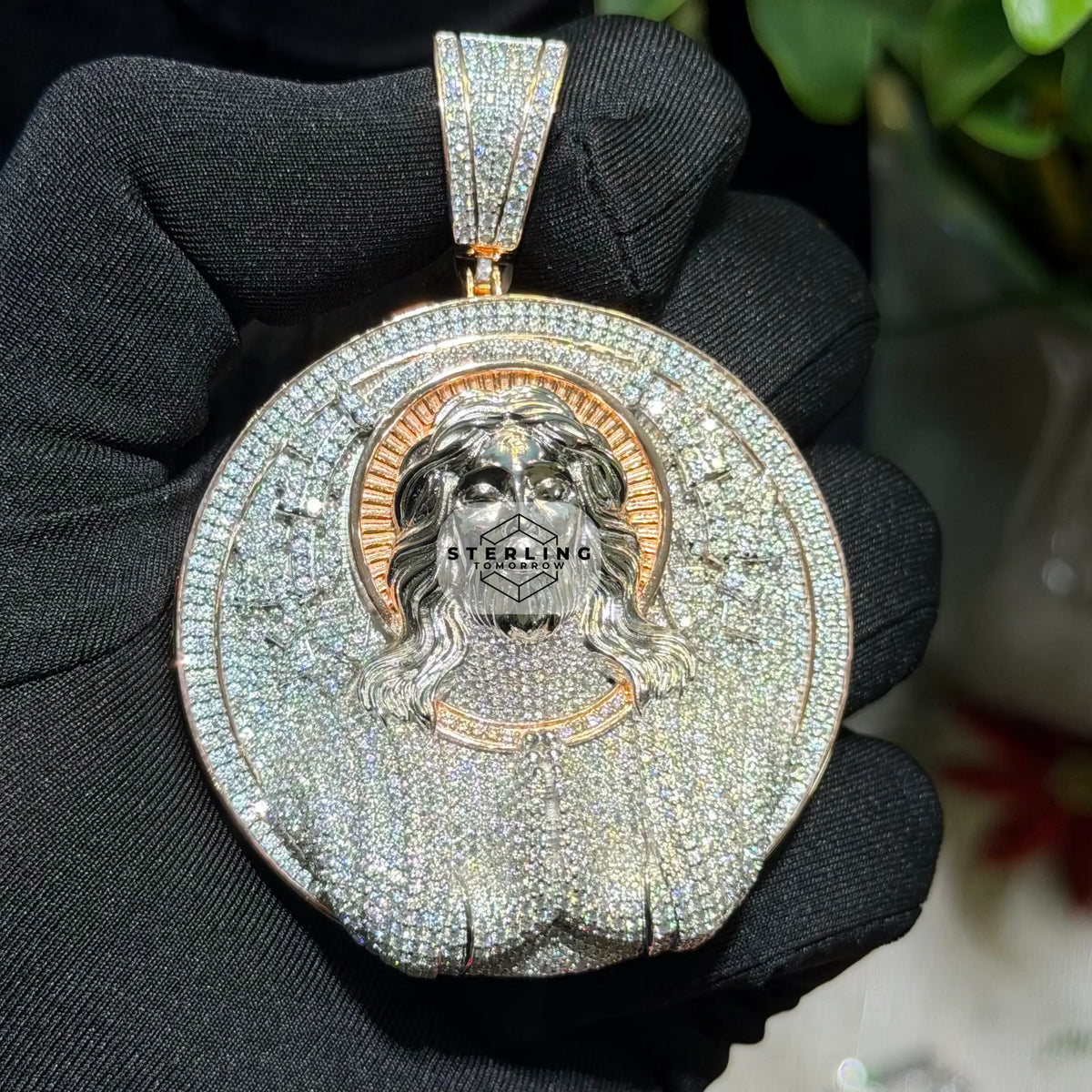 Moissanite Rose Jesus Medallion Pendant