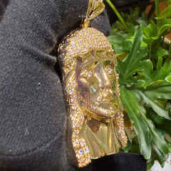 Large Gold Iced Out Jesus Pendant 14k Gold Plated + Steel Rope Chain