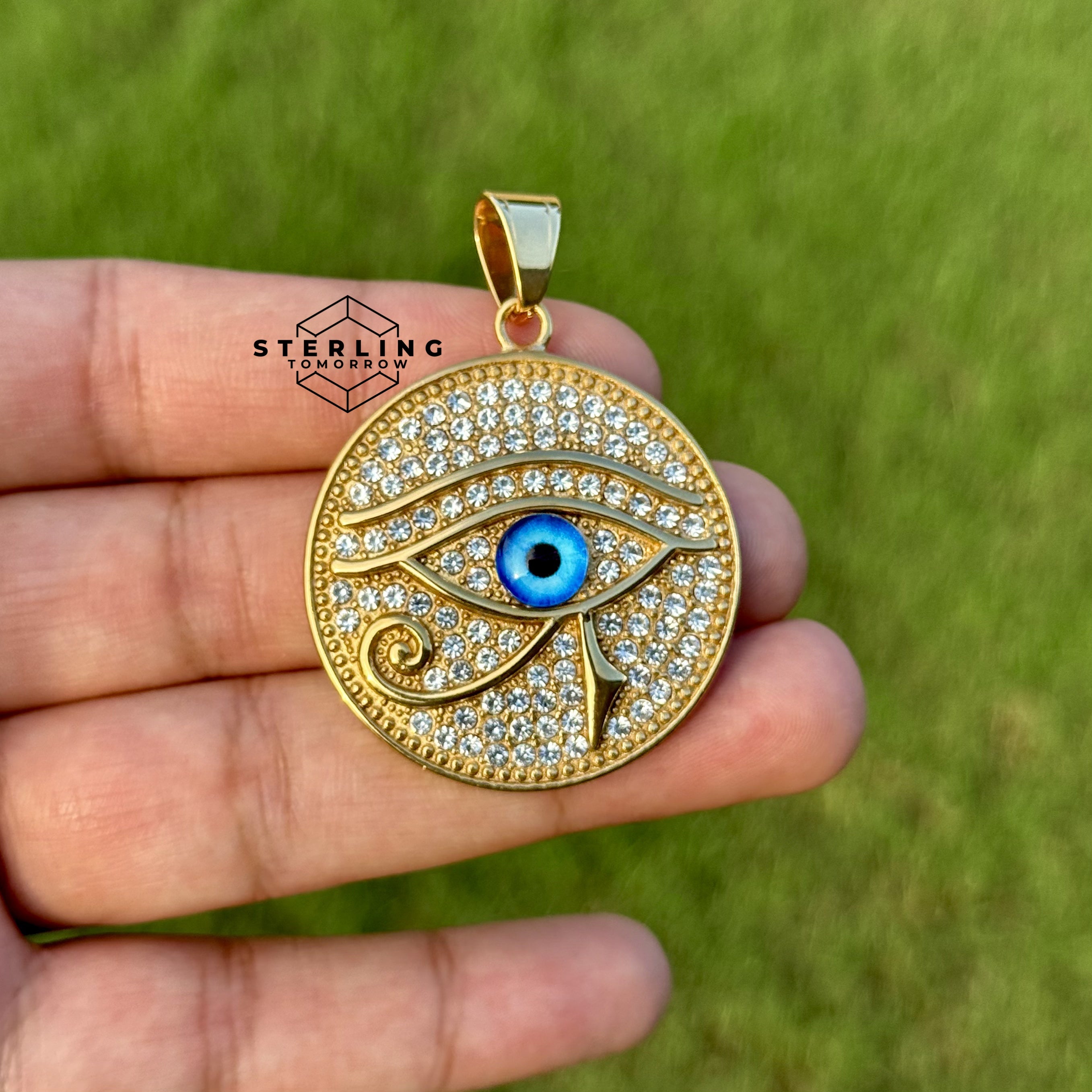 Eye of Horus Iced Out Gold Tone Stainless Steel Pendant