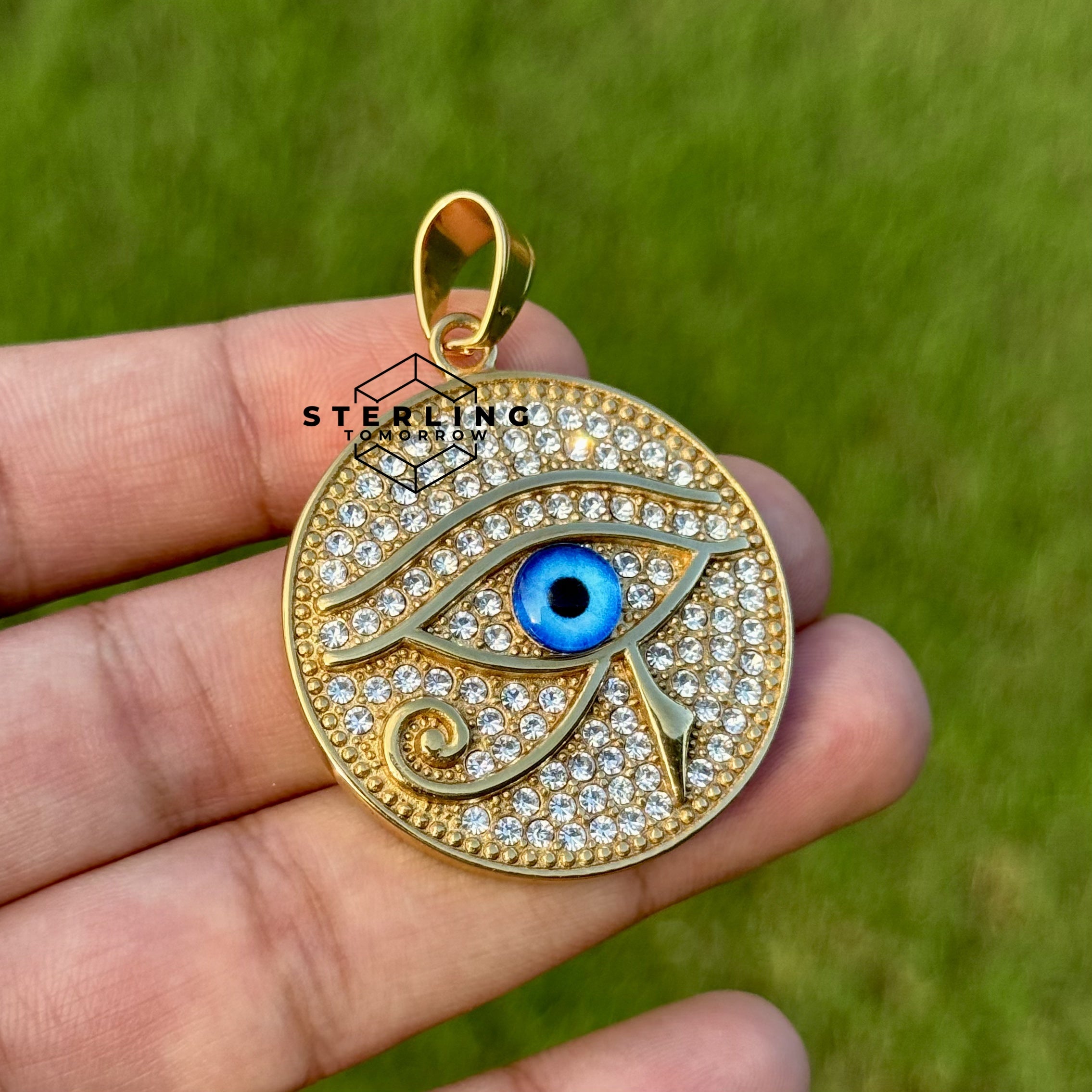 Eye of Horus Iced Out Gold Tone Stainless Steel Pendant