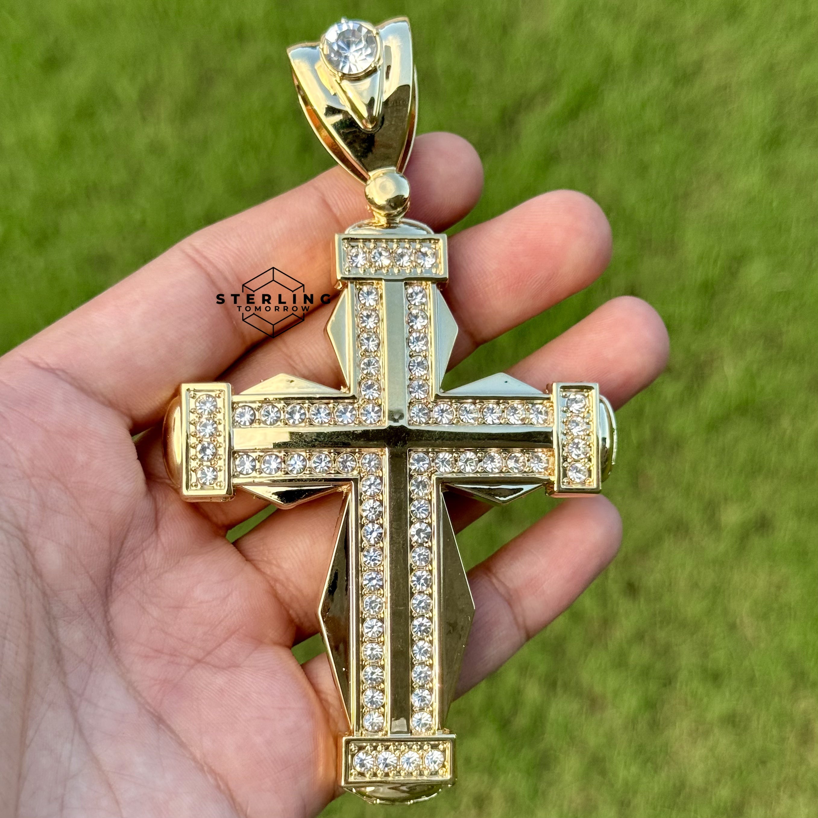 Extra Large Gold Tone Hexagon Cross Pendant