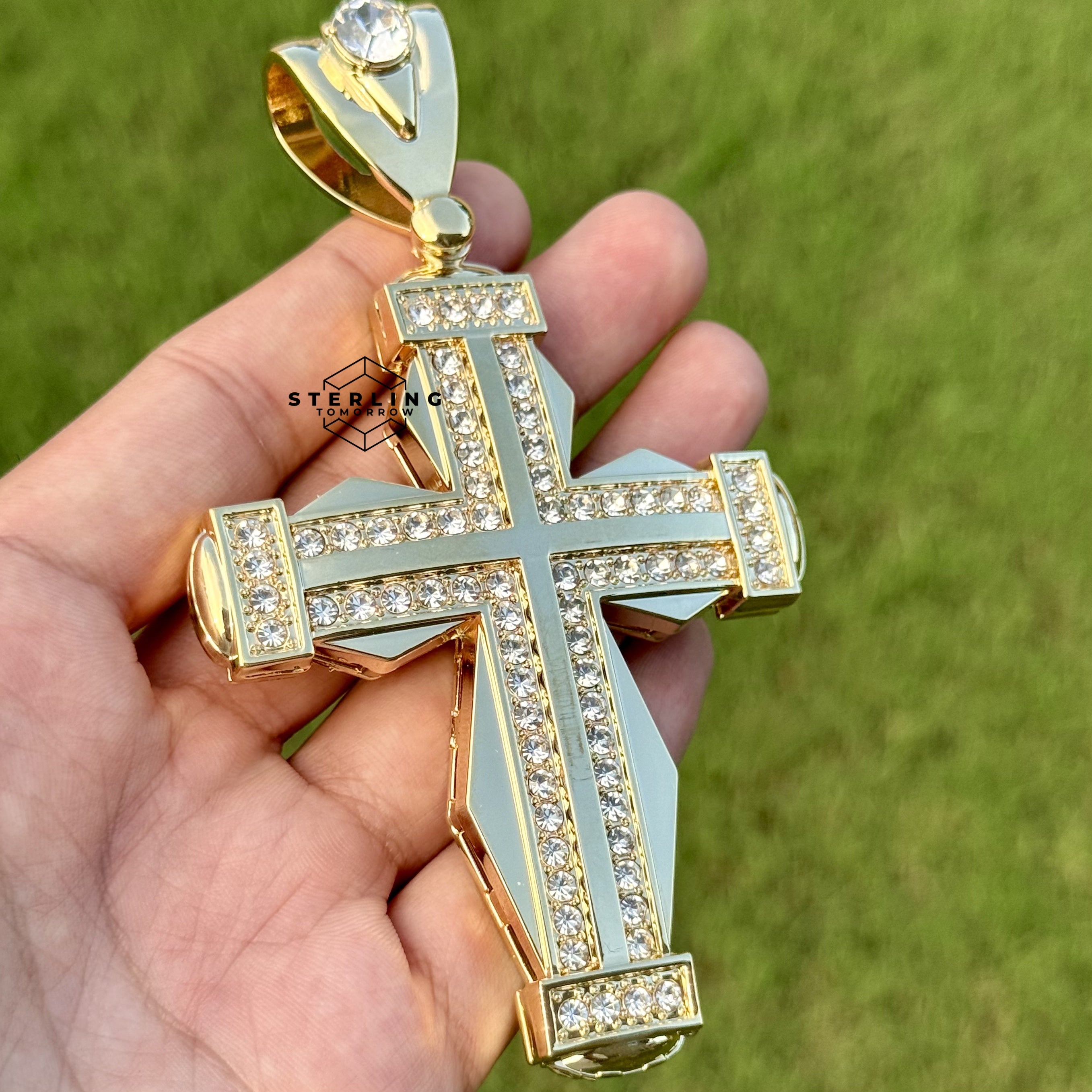 Extra Large Gold Tone Hexagon Cross Pendant