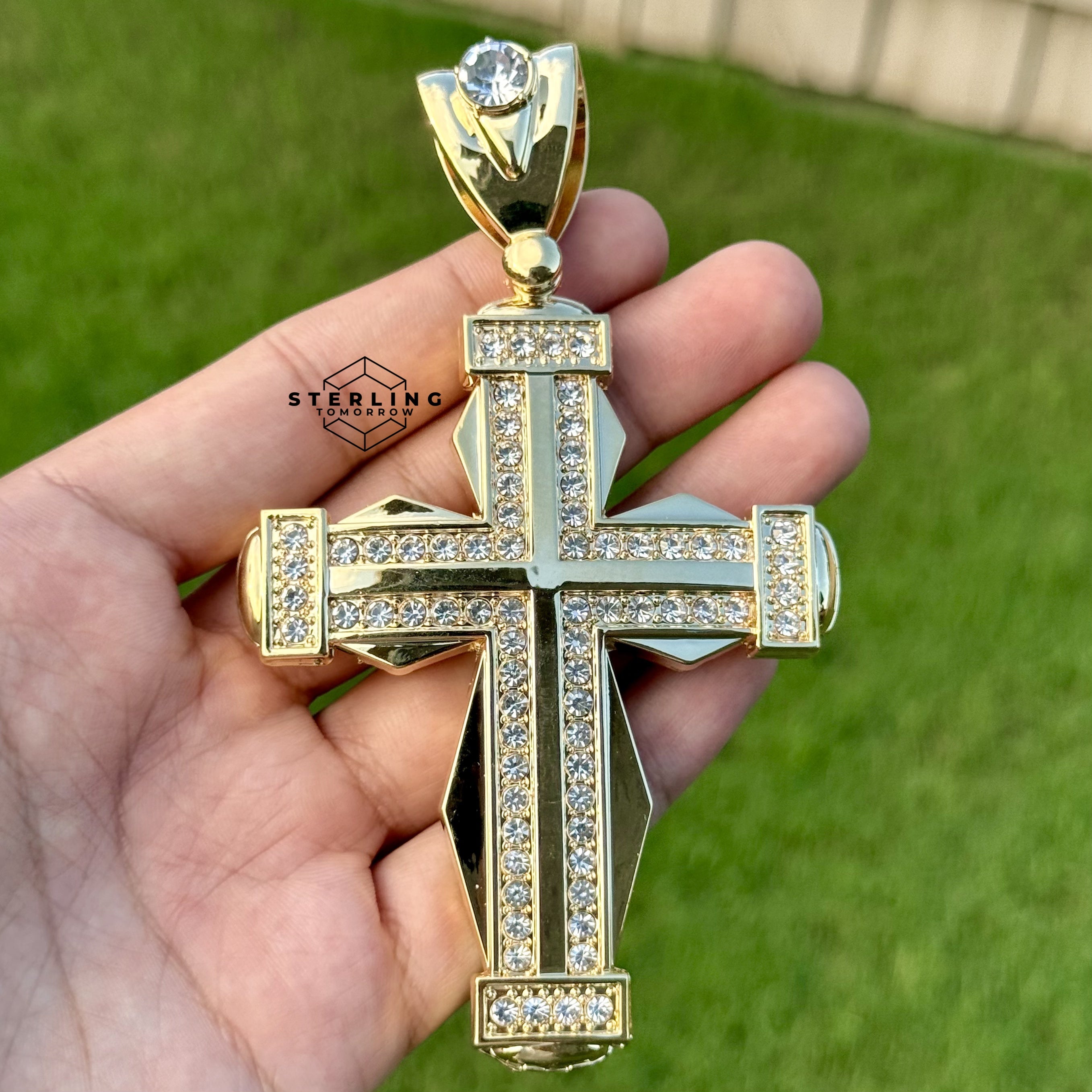 Extra Large Gold Tone Hexagon Cross Pendant