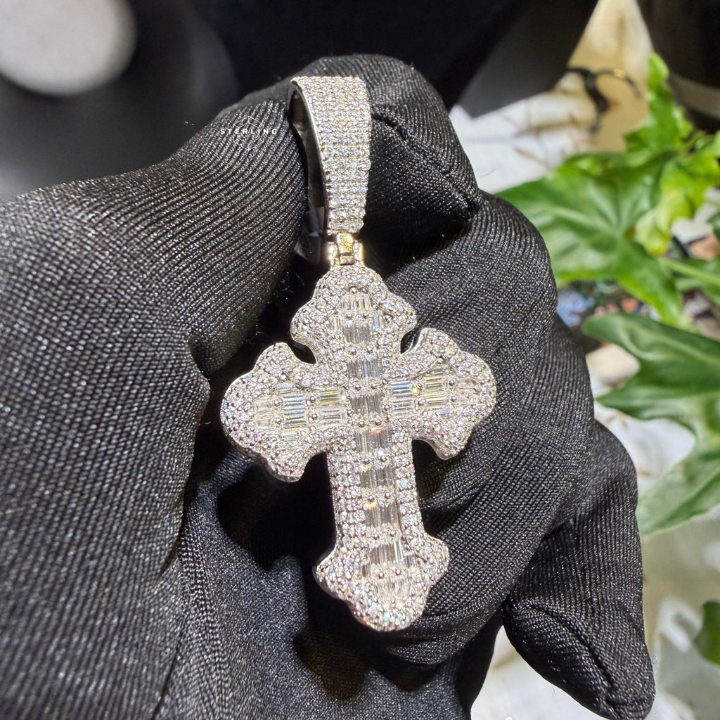 Moissanite Baguette Cross Pendant + Rope Chain