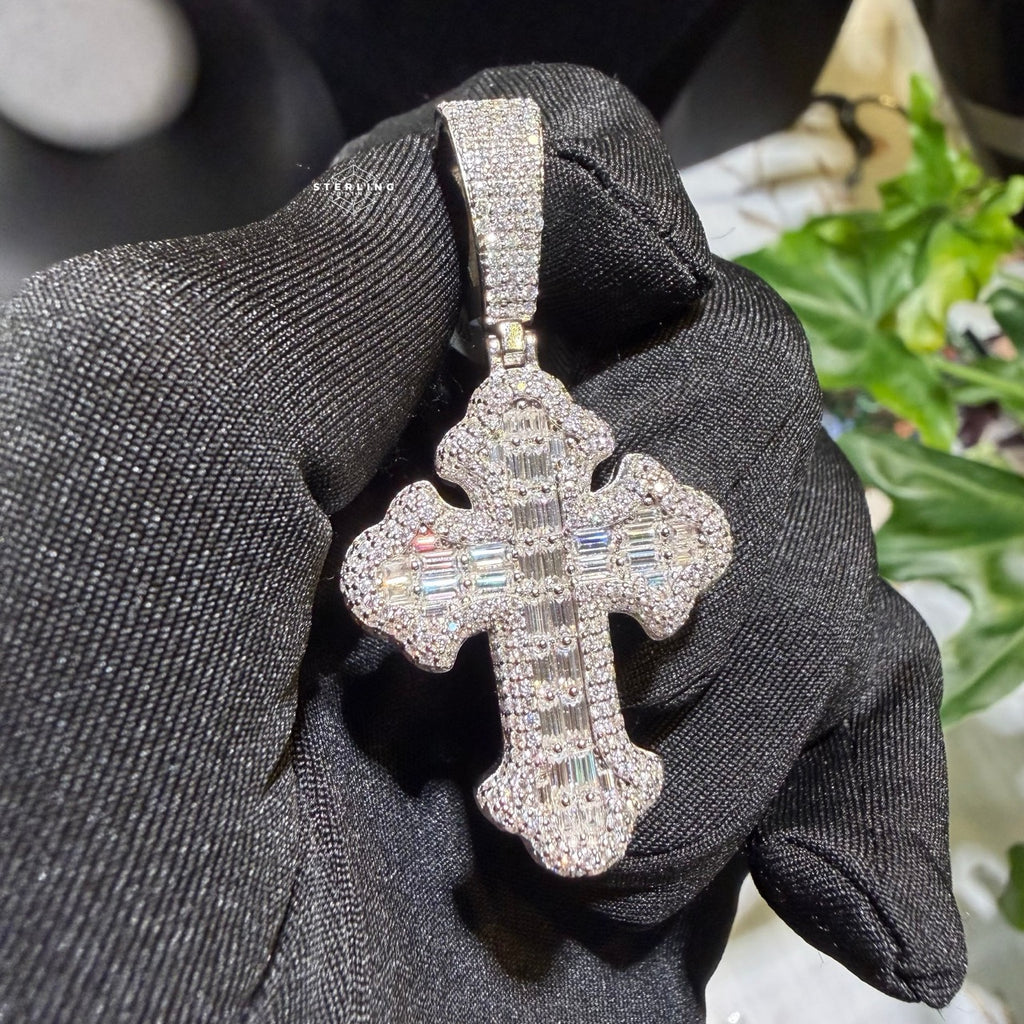 Moissanite Baguette Cross Pendant + Rope Chain