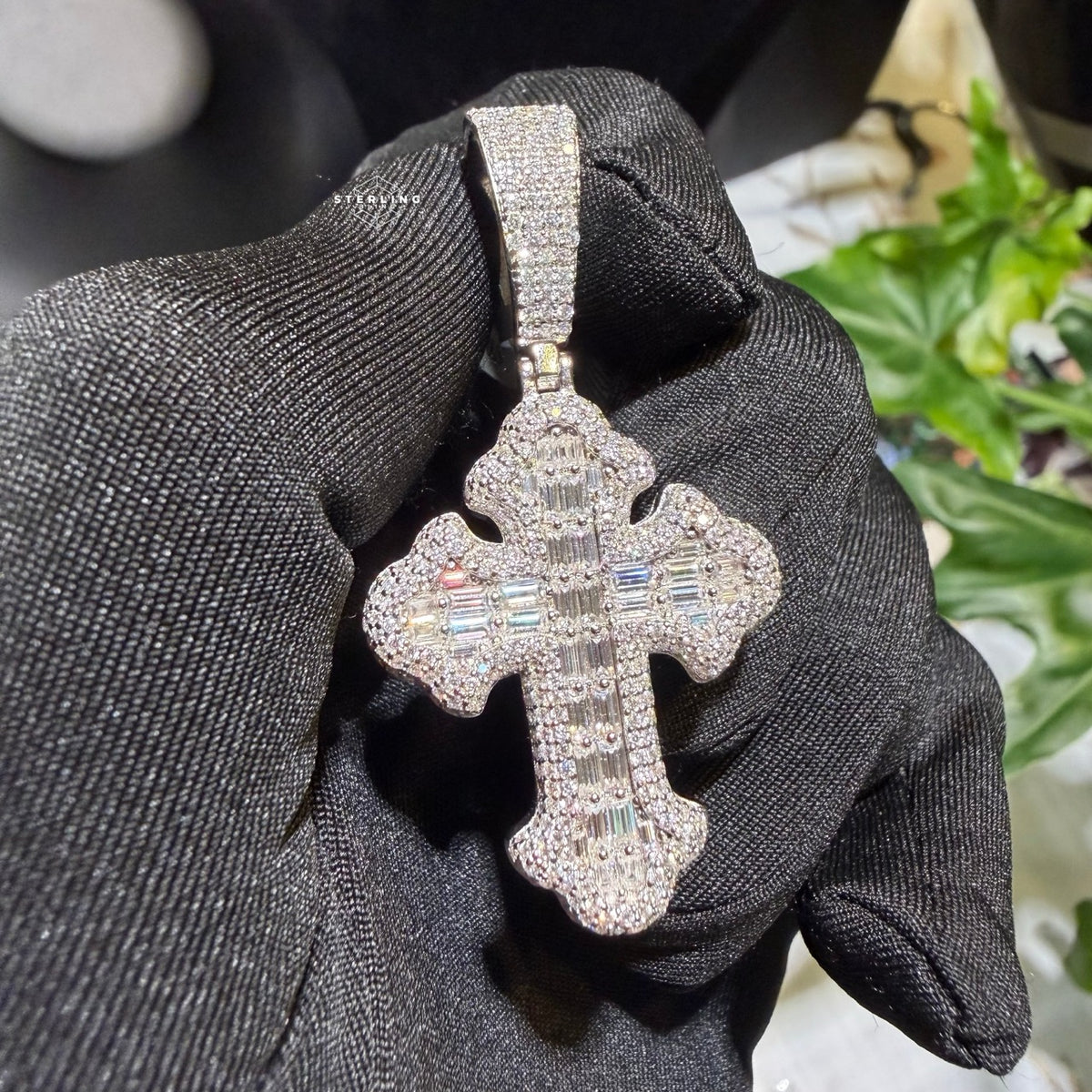 Moissanite Baguette Cross Pendant + Rope Chain