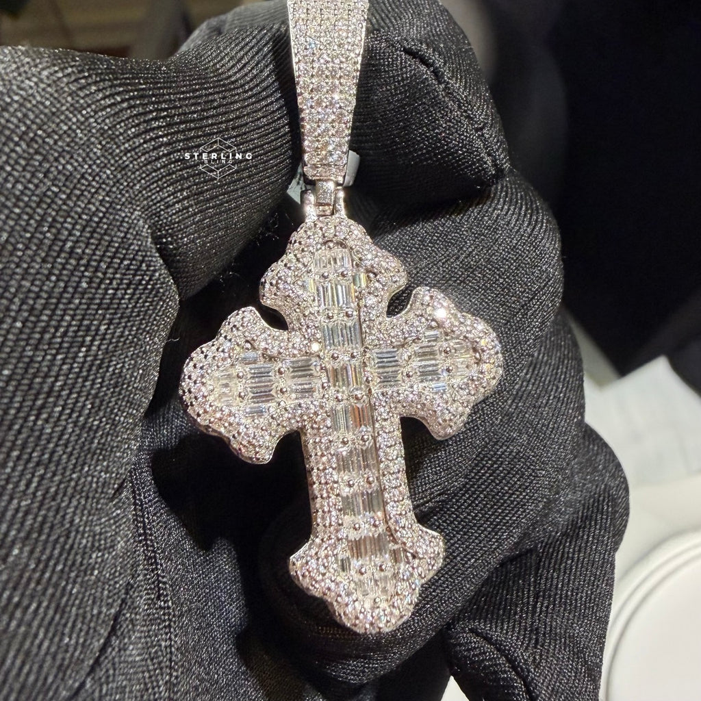Moissanite Baguette Cross Pendant + Rope Chain