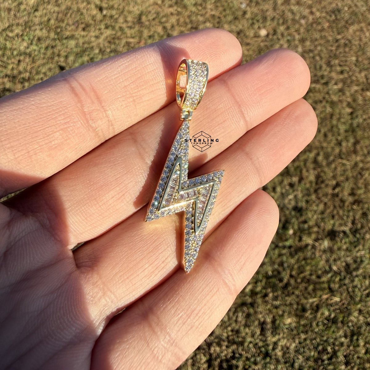 Lightening Bolt Gold Tone Iced Pendant + Steel Rope Chain