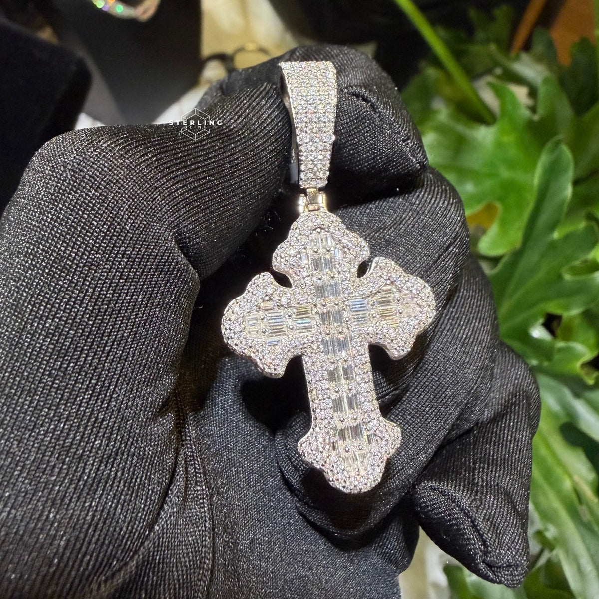 Moissanite Baguette Cross Pendant + Rope Chain