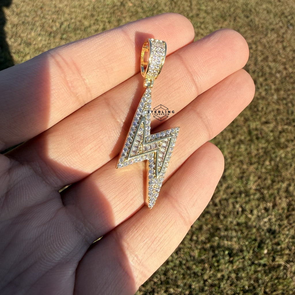Lightening Bolt Gold Tone Iced Pendant + Steel Rope Chain