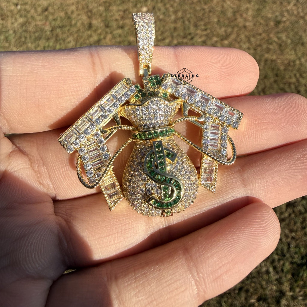 Moneybag Iced 14k Gold Plated Pendant + Steel Rope Chain