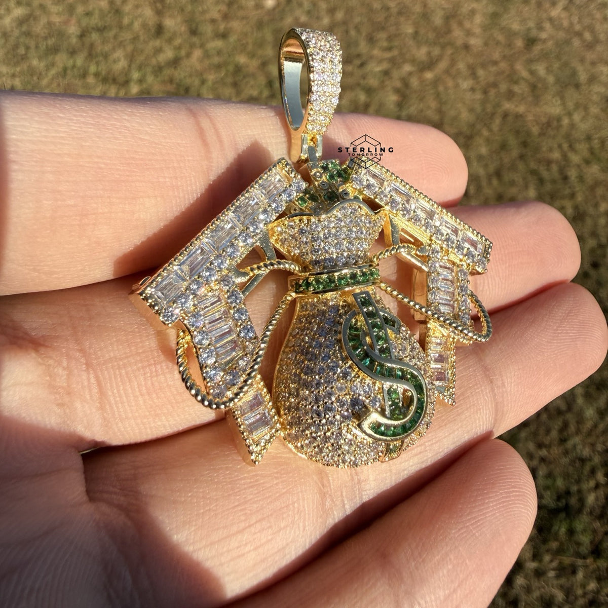 Moneybag Iced 14k Gold Plated Pendant + Steel Rope Chain