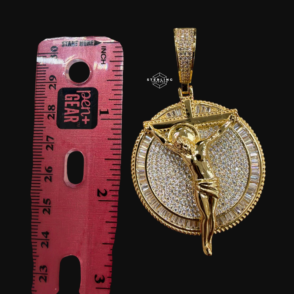Jesus Crucifix Medallion Pendant 14k Gold Finish