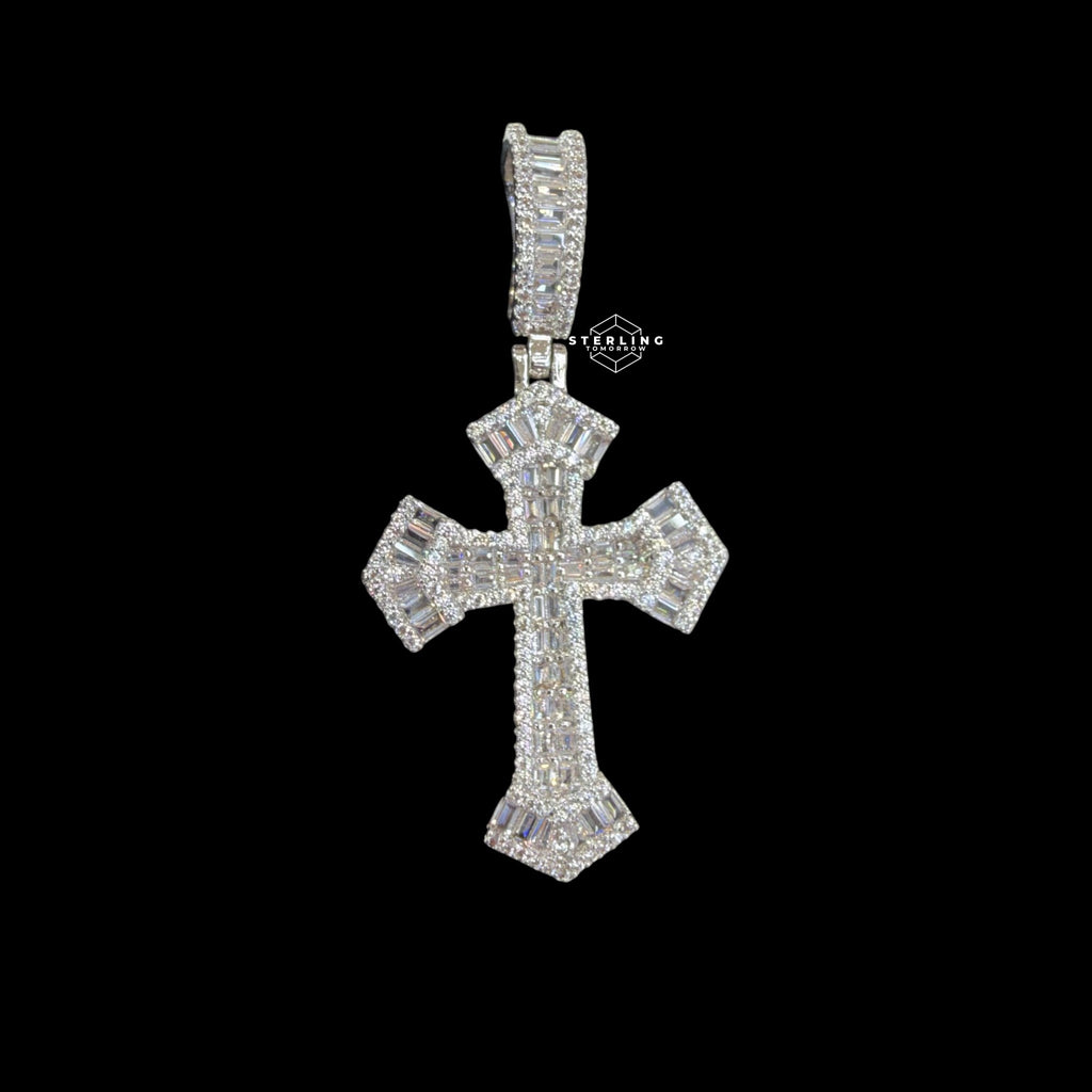Baguette Cross Pendant 14k White Gold Finish