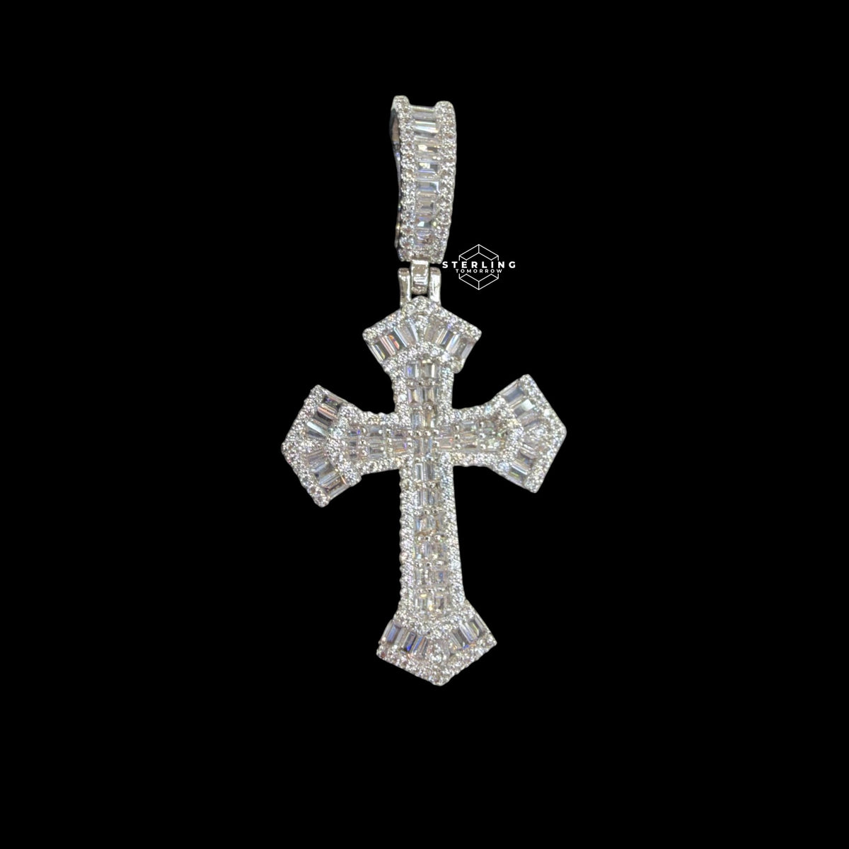 Baguette Cross Pendant 14k White Gold Finish