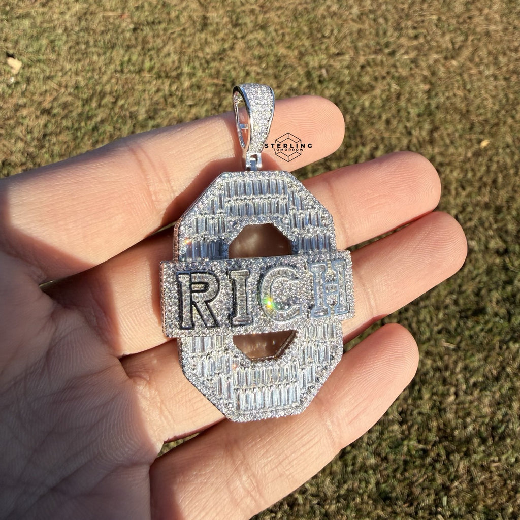 Iced Out RICH Letter Pendant | 14K White Gold Plated Baguette CZ Money Pendant Hip Hop Necklace with Free Rope Chain