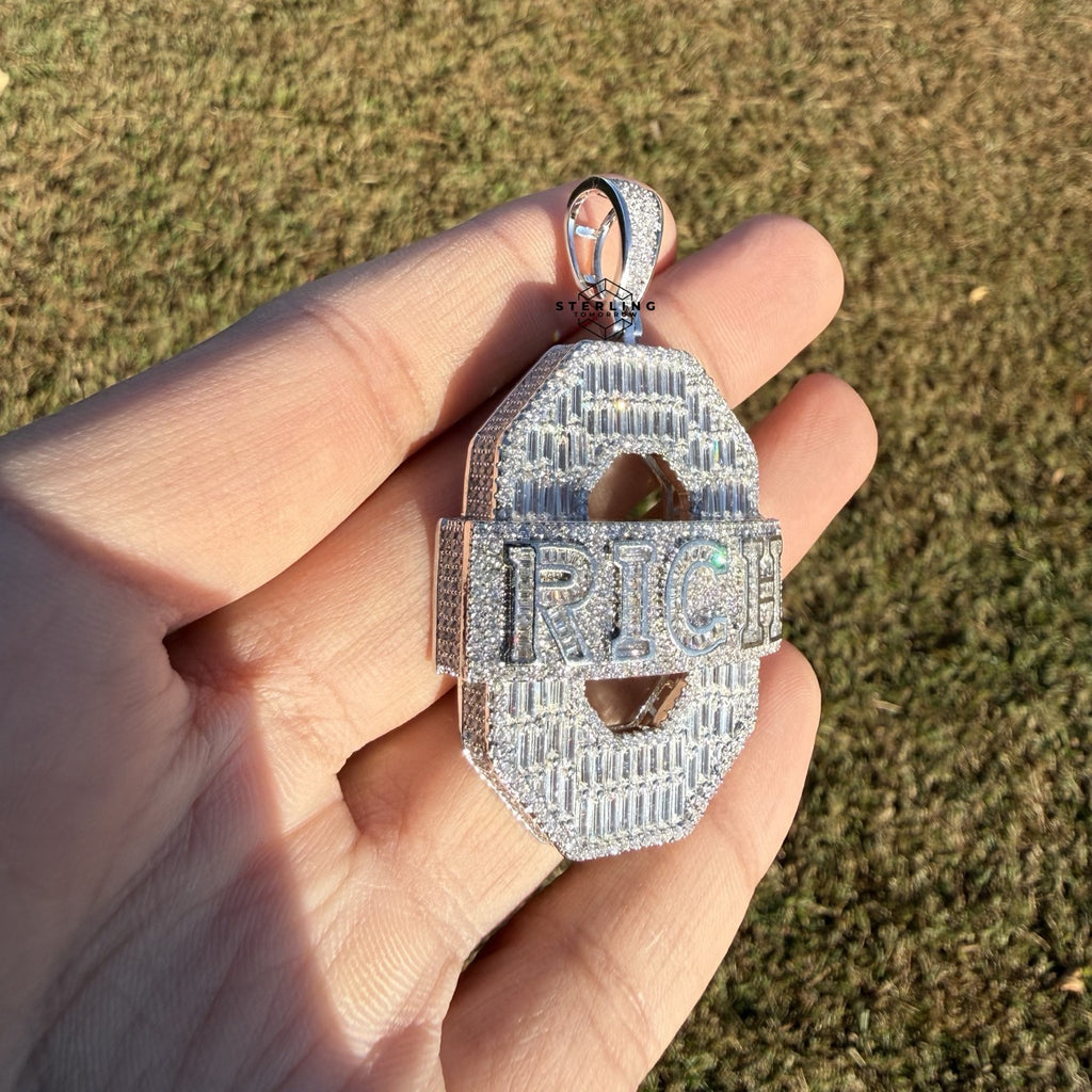 Iced Out RICH Letter Pendant | 14K White Gold Plated Baguette CZ Money Pendant Hip Hop Necklace with Free Rope Chain