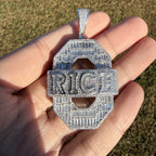 Iced Out RICH Letter Pendant | 14K White Gold Plated Baguette CZ Money Pendant Hip Hop Necklace with Free Rope Chain