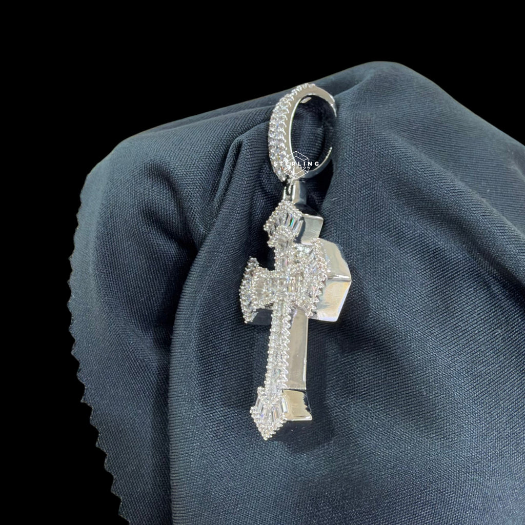 Baguette Cross Pendant 14k White Gold Finish