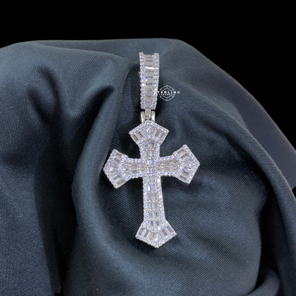 Baguette Cross Pendant 14k White Gold Finish