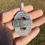 Iced Out RICH Letter Pendant | 14K White Gold Plated Baguette CZ Money Pendant Hip Hop Necklace with Free Rope Chain