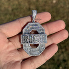 Iced Out RICH Letter Pendant | 14K White Gold Plated Baguette CZ Money Pendant Hip Hop Necklace with Free Rope Chain