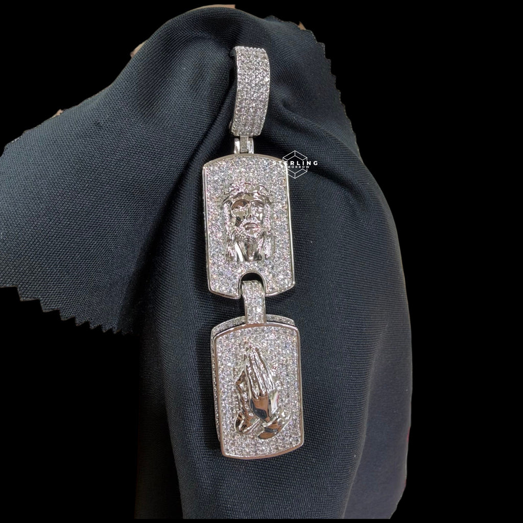 Jesus Double Dog Tag Pendant 14k White Gold Finish