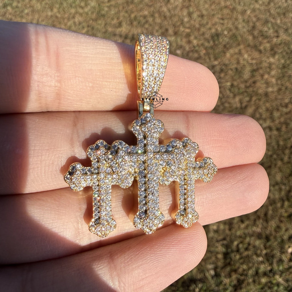 Triple Cross Gold Tone Iced Pendant + Steel Rope Chain