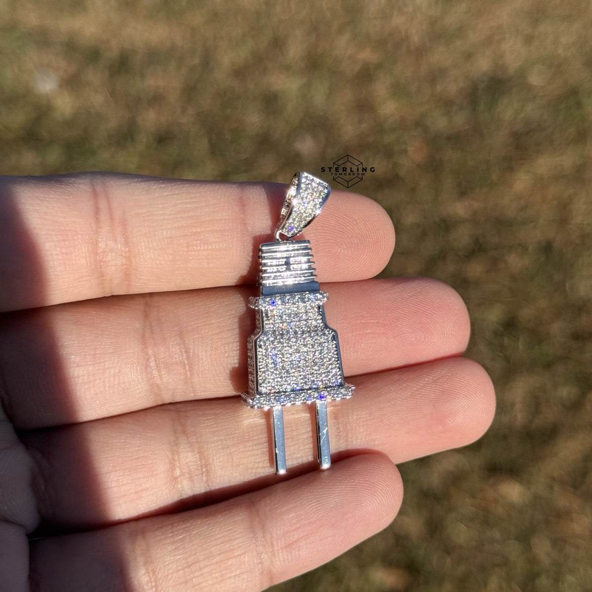 Plug Iced Pendant 14k White Gold Plated + Steel Rope Chain
