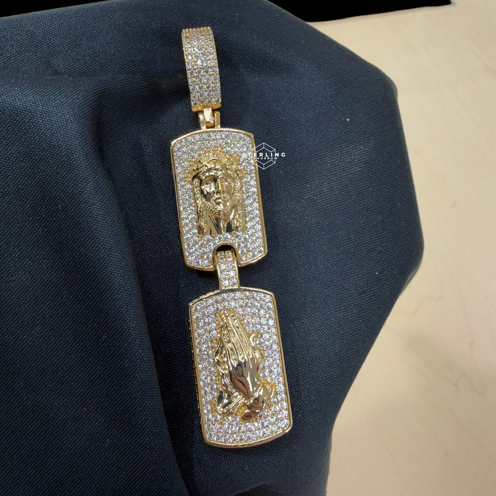 Jesus Double Dog Tag Pendant 14k Gold Finish