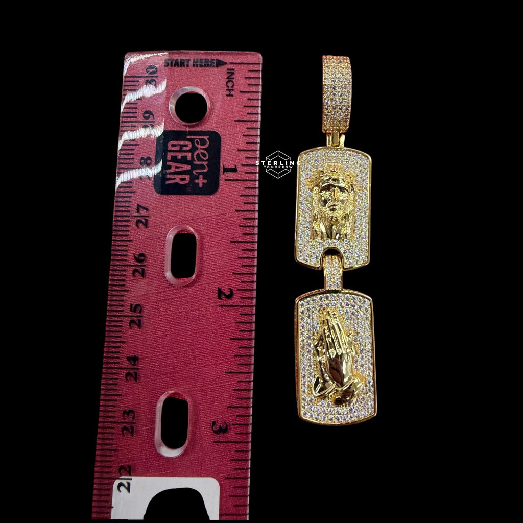 Jesus Double Dog Tag Pendant 14k Gold Finish