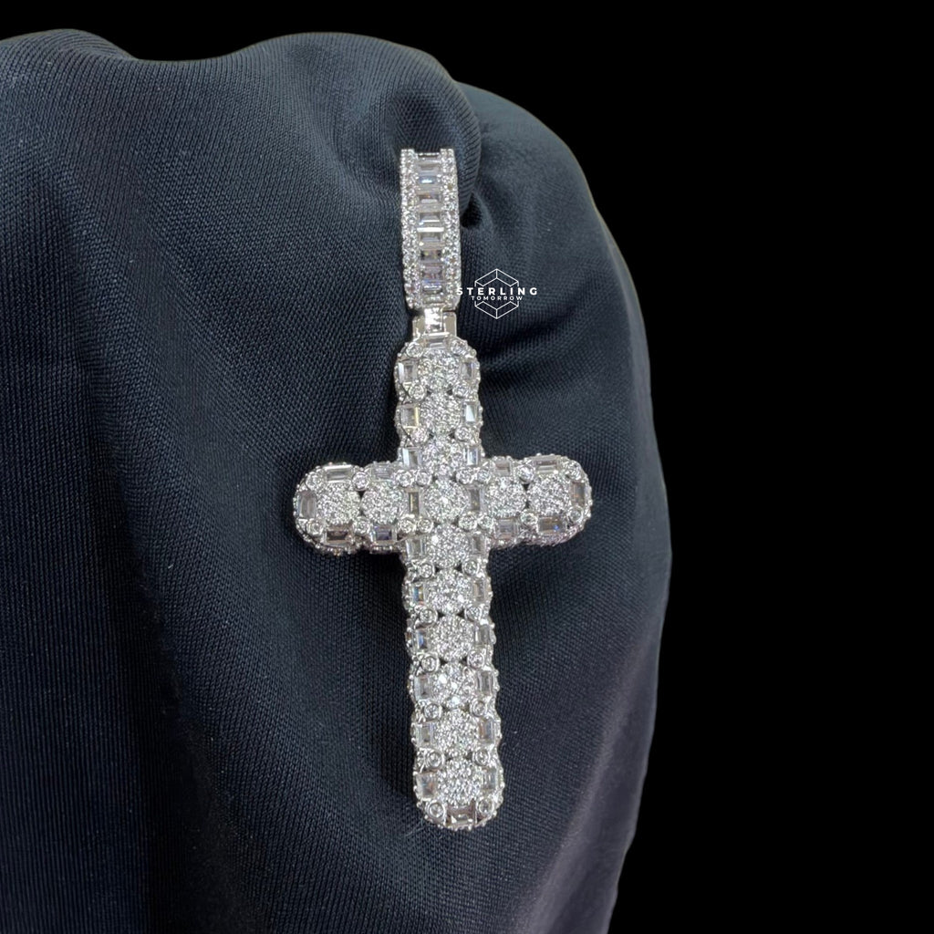 Iced Out Sides Cross Pendant 14k White Gold Finish