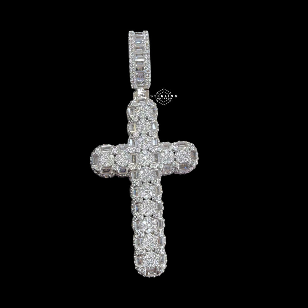 Iced Out Sides Cross Pendant 14k White Gold Finish