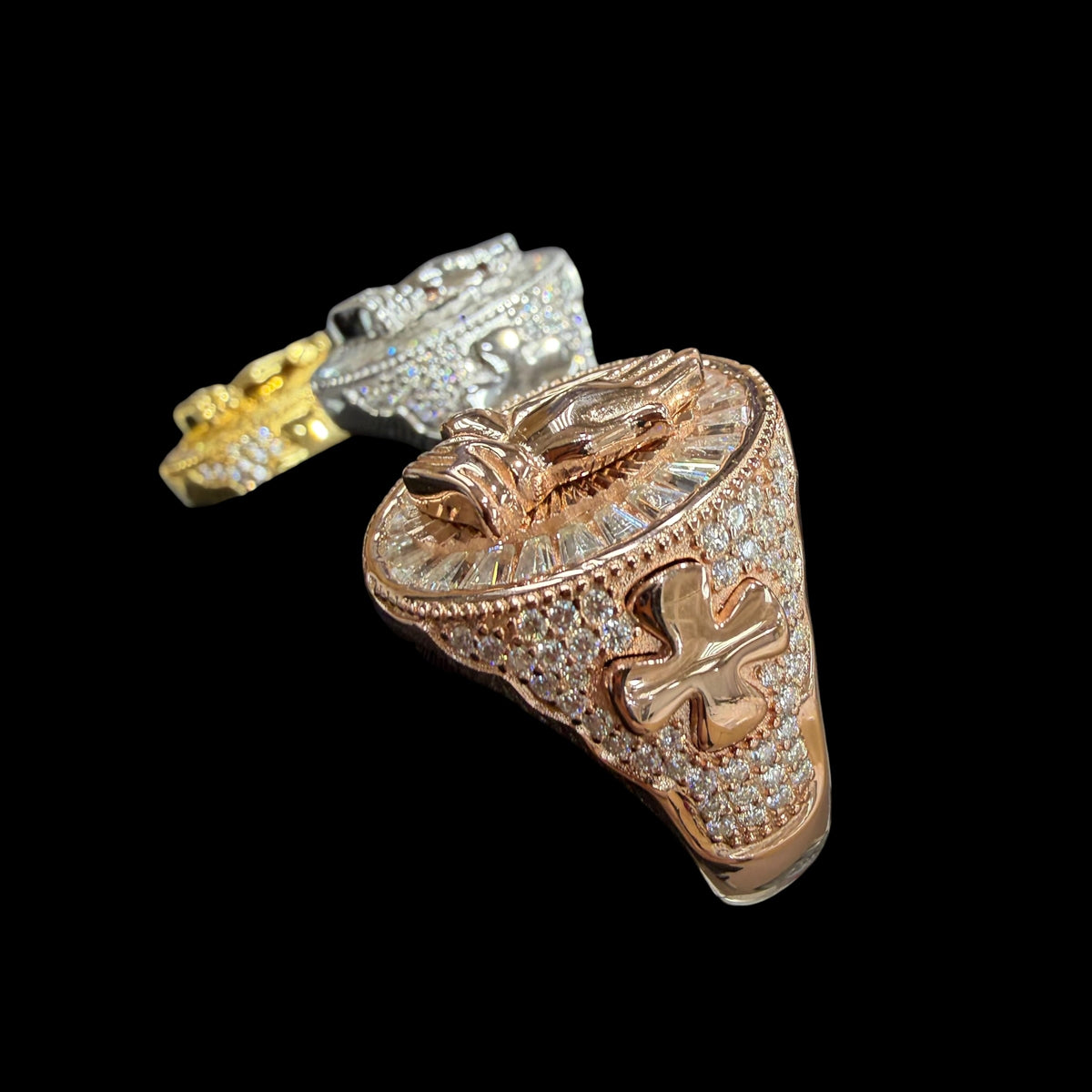 Moissanite Baguette Prayer Hands Cross Ring, Men's 925 Silver Iced Out Hip Hop Ring, Gold Rose Silver