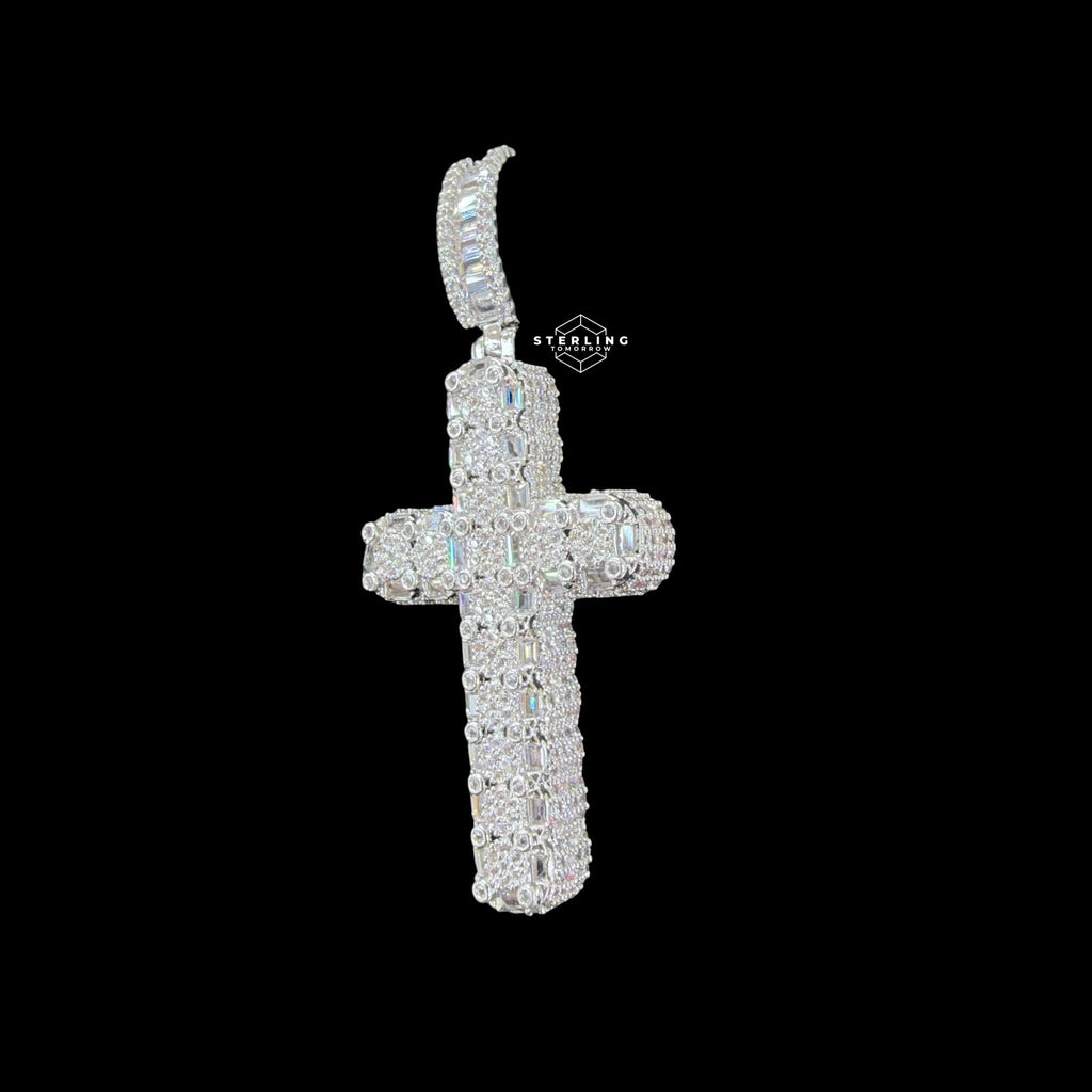 Iced Out Sides Cross Pendant 14k White Gold Finish