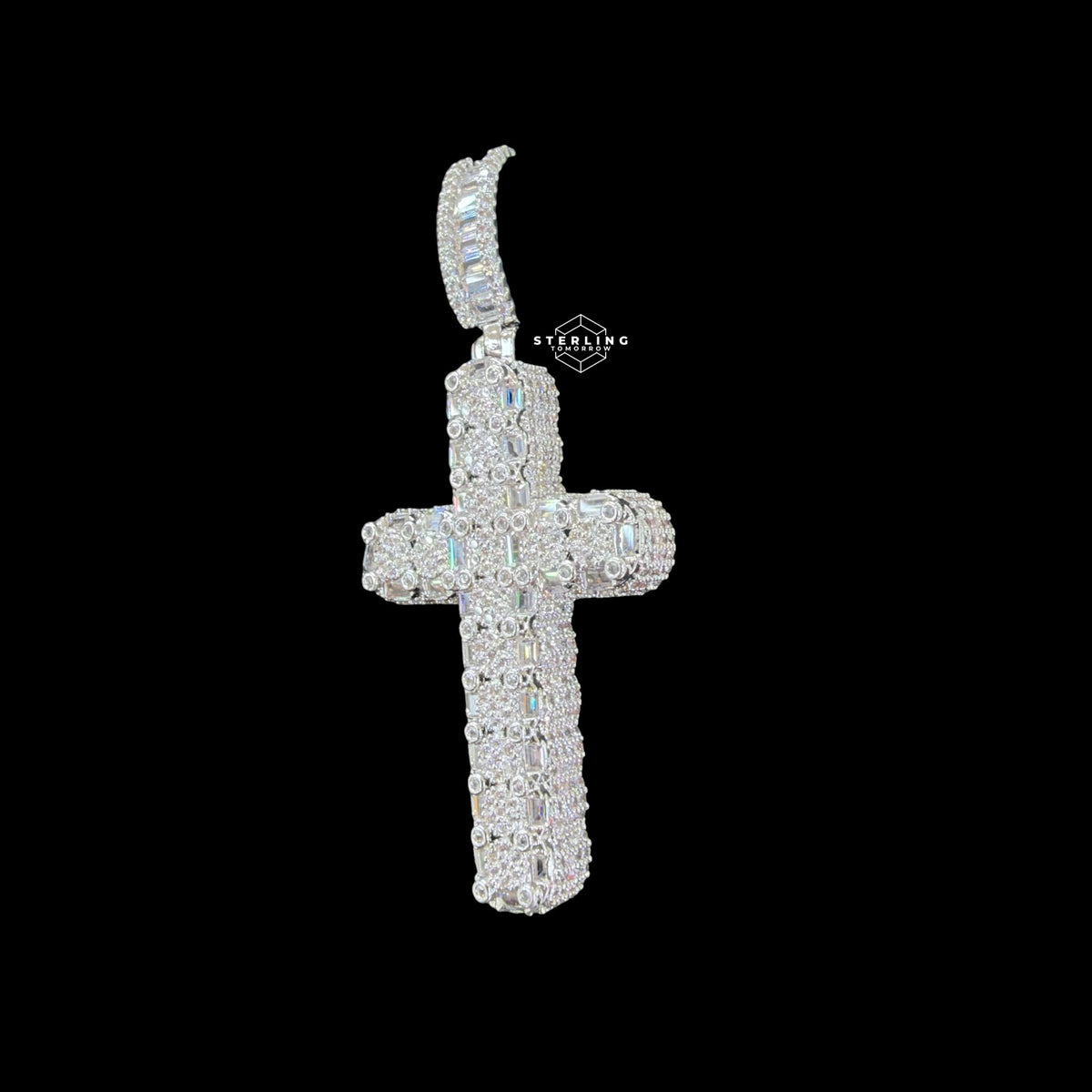 Iced Out Sides Cross Pendant 14k White Gold Finish
